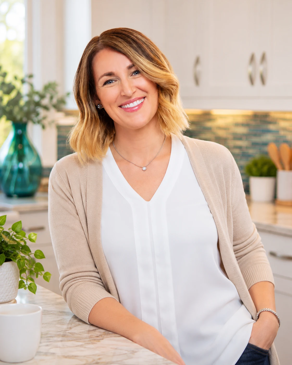 Kim Reynolds, virtual home organizer, at a kitchen counter